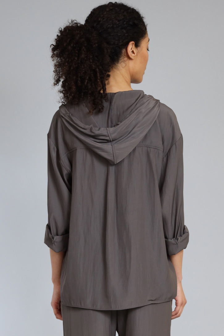 D Satin Button Front Hoodie