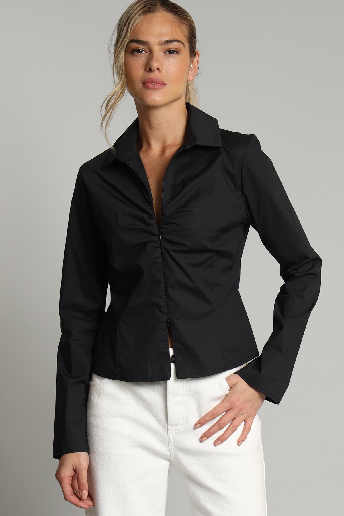 dress shirt zipper Stretch Poplin Zip Front Shirt, Black / XL