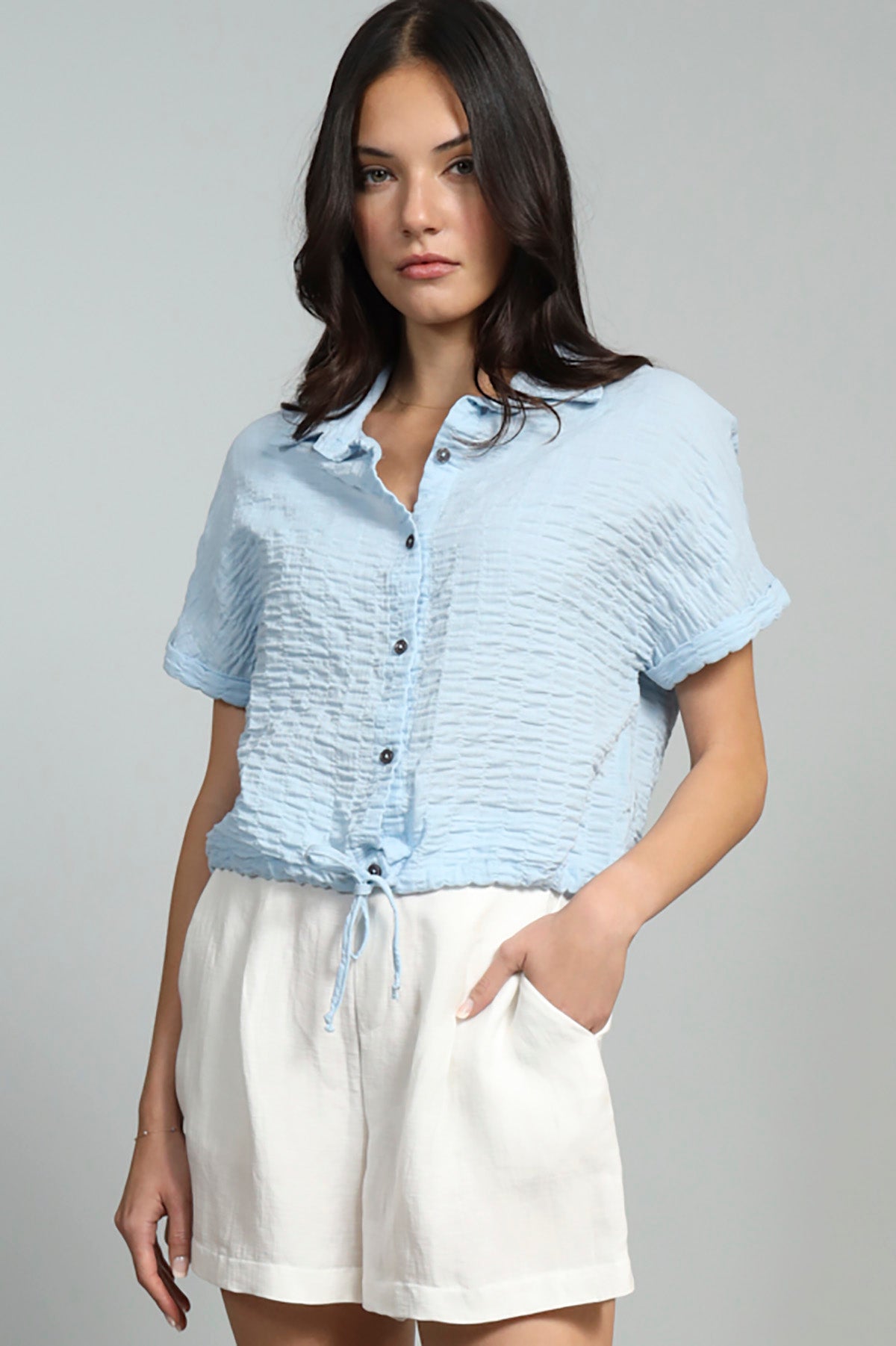 Cotton Pucker Drawstring Shirt