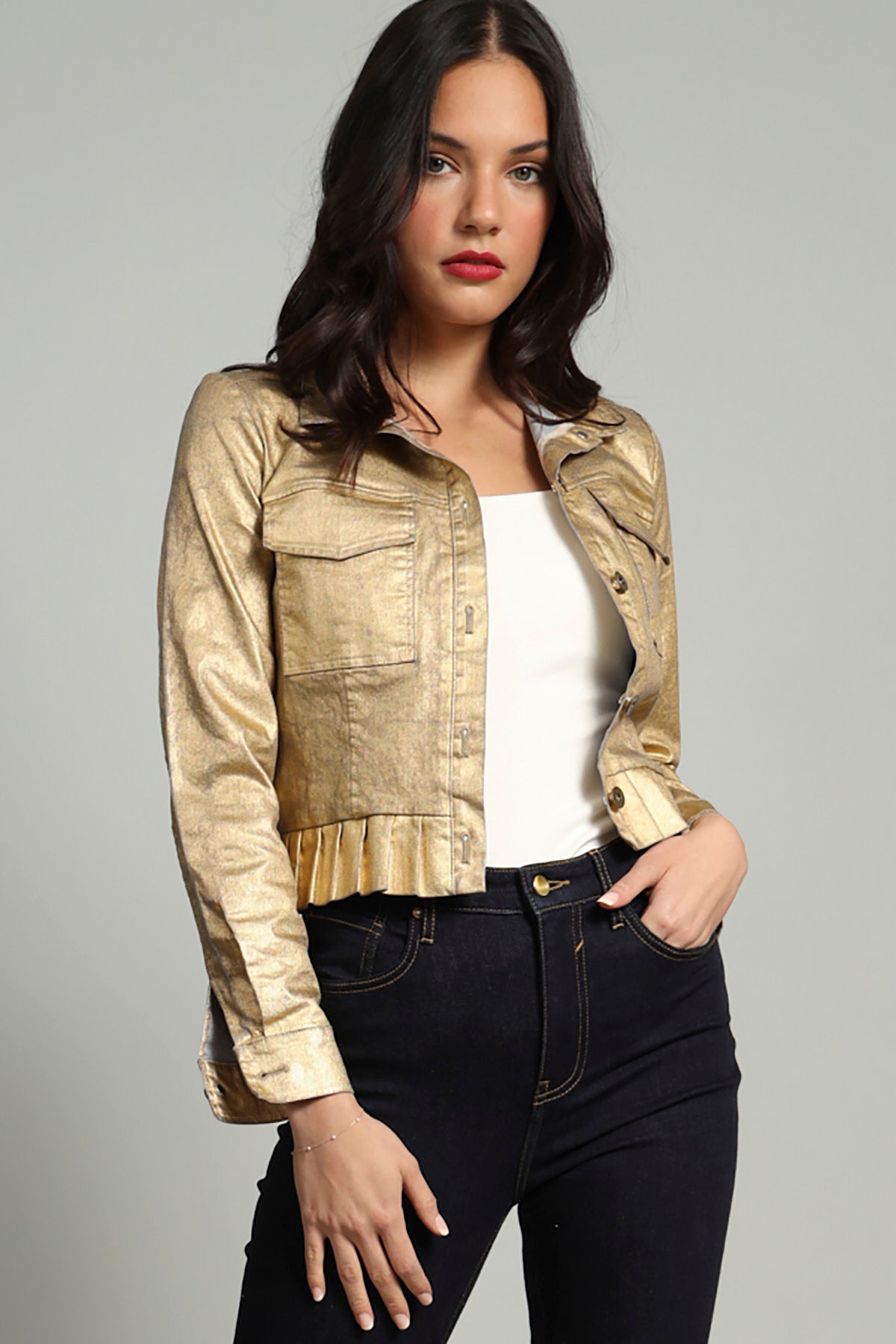 Gold Foil Ruffle Jean Jacket