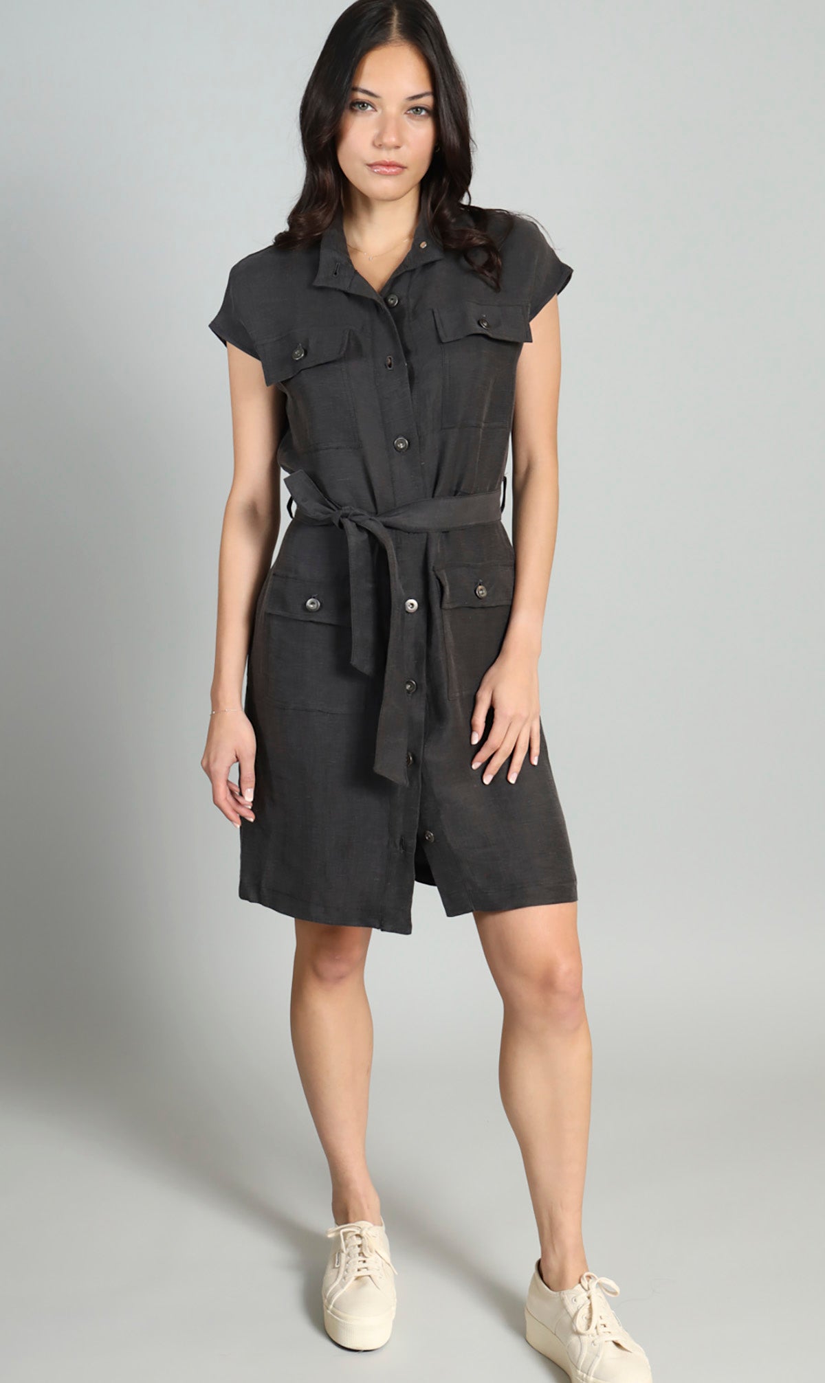 Linen / Curpo Belted Safari Dress, Charcoal / XS