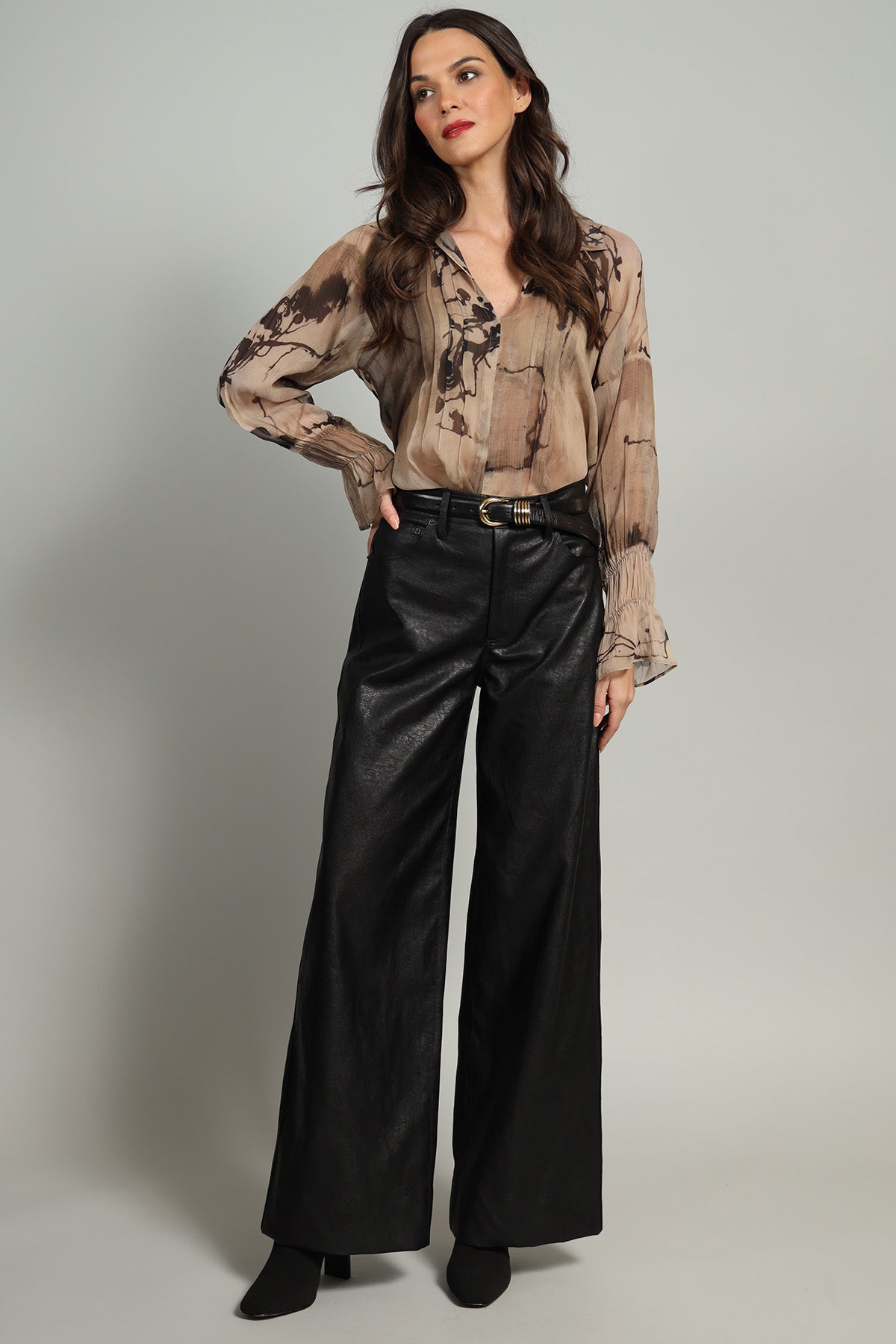 Sandy Ink Drawing Pintuck Chiffon Top
