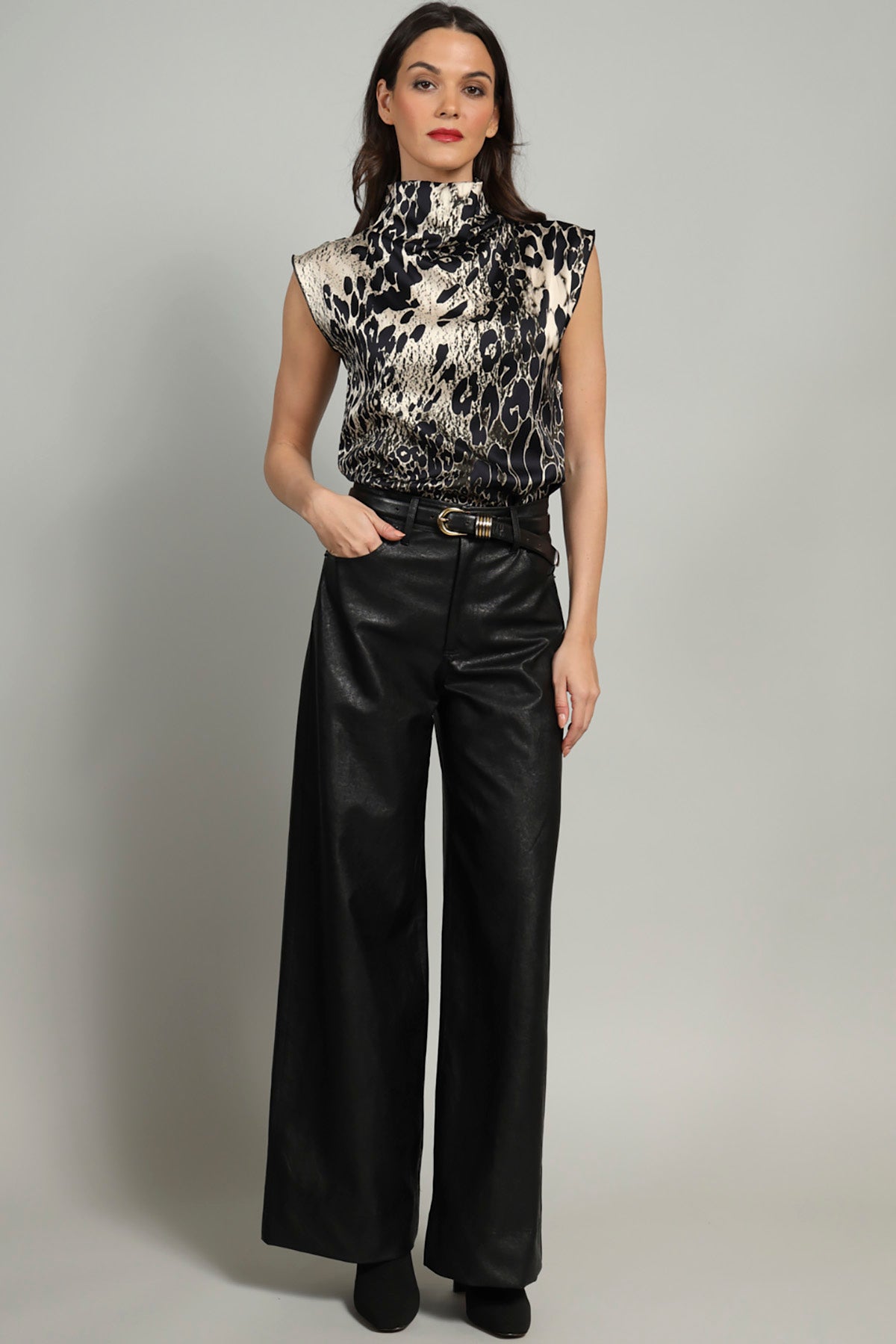 Camille Gradient Leopard Stretch Satin Cowl Neck top